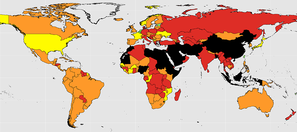 Kart over situasjonen i verden for ikke-troende ifølge Freedom of Thought 2015